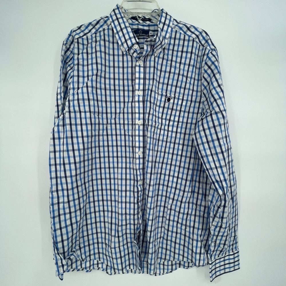 Simply Southern Mens‎ XL Long Sleeve Button Down Shirt Plaid Blue White Black